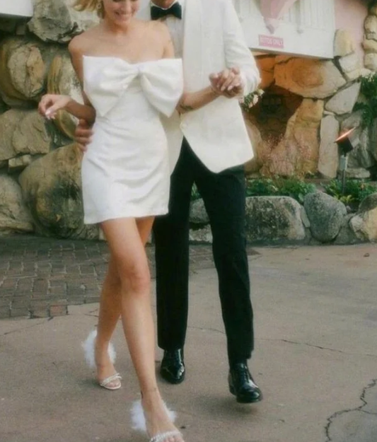 Elegant Strapless White Satin Homecoming Dress Birthday Outfits Mini Bow Wedding Dress Y8986