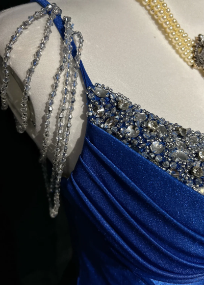 Charming Spaghetti Straps Royal Blue Satin Beaded Mermaid Long Evening Dress Birthday Prom Dress SP1961