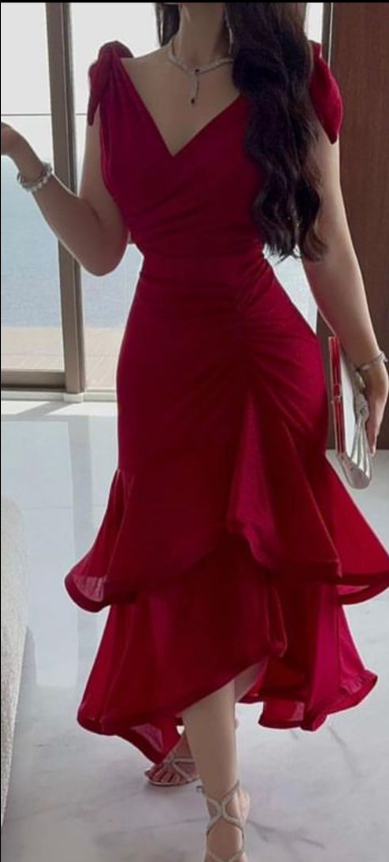 Elegant V Neck Red Chiffon Ruffle Mermaid Evening Dress Formal Wedding Guest Dress SP562