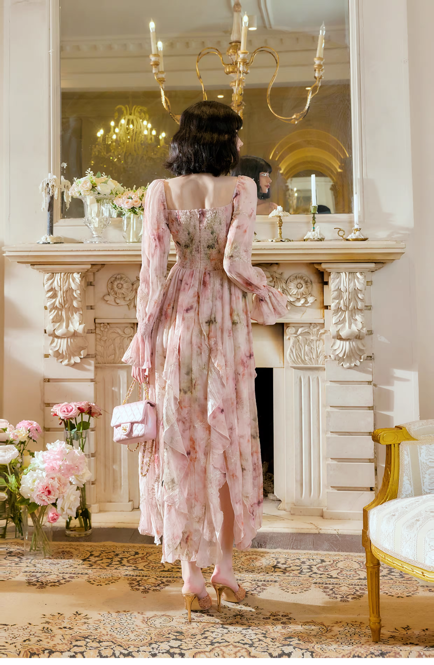 Glamorous Pink Chiffon Print Floral Long Birthday Party Dress Prom Gowns SP2010