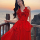 Sexy Red Halter Chiffon Ruffles Long Party Dress Prom Dress SP1973