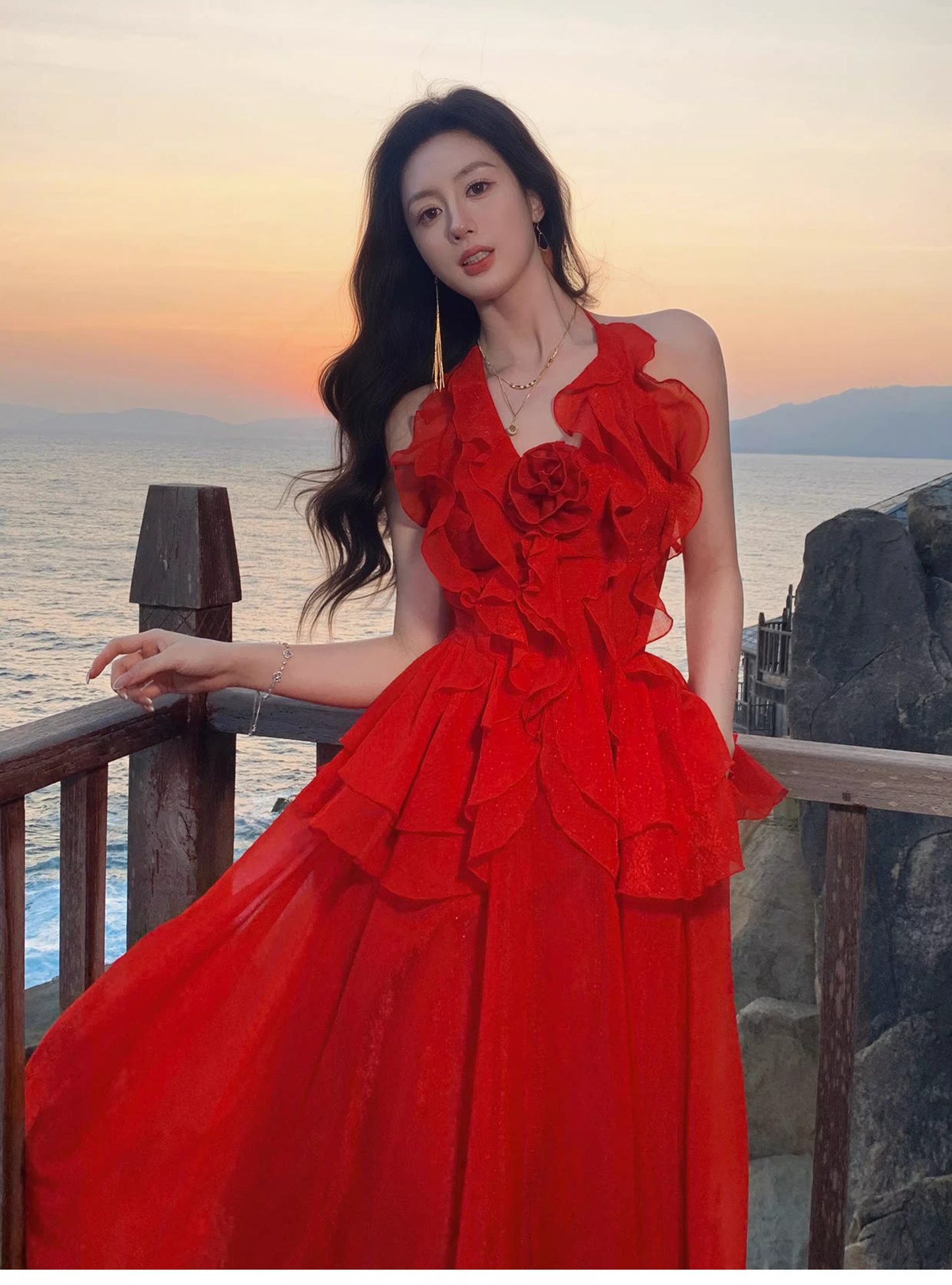 Sexy Red Halter Chiffon Ruffles Long Party Dress Prom Dress SP1973