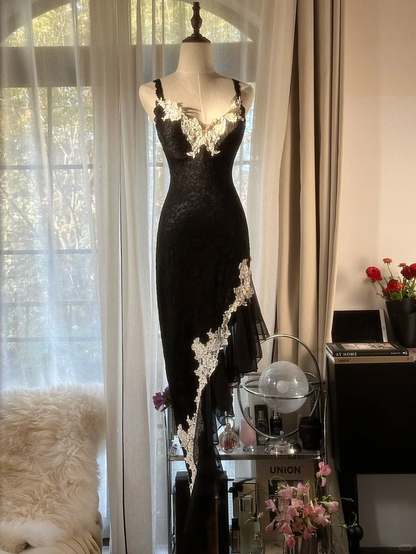 Sexy Sheath Spaghetti Strap Black Lace Appliques Party Dress Cocktail Dress Y8785
