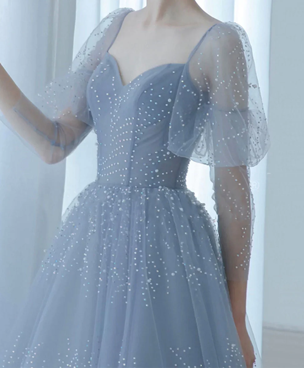shopluu Gray Blue V Neck Tulle Sequin Long Prom Dress, Blue Formal Graduation Dresses US 2 / Custom Color