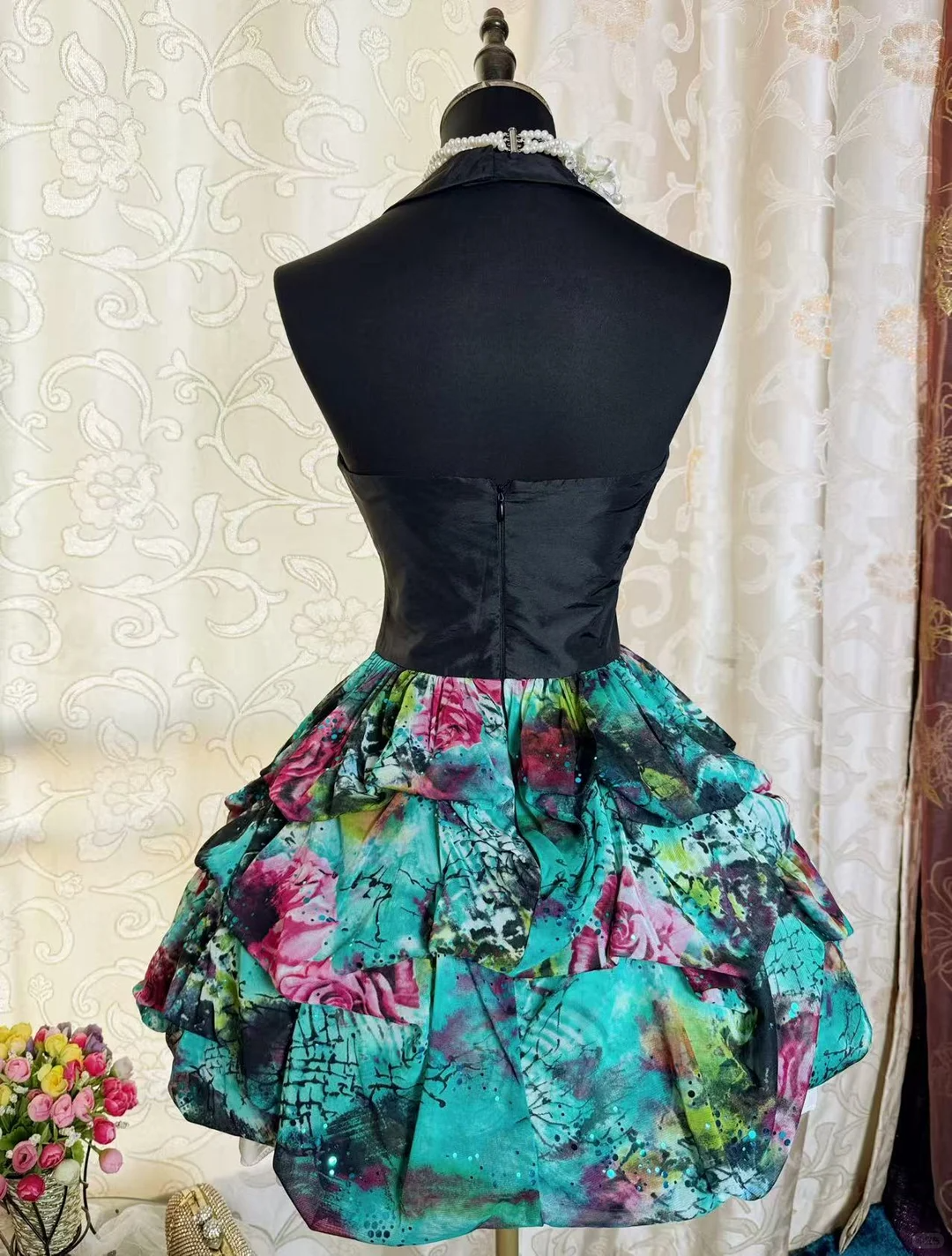Chic Black Halter Satin Chiffon Print Floral A Line Short Graduation Homecoming Dress Cocktail Dress SP2195