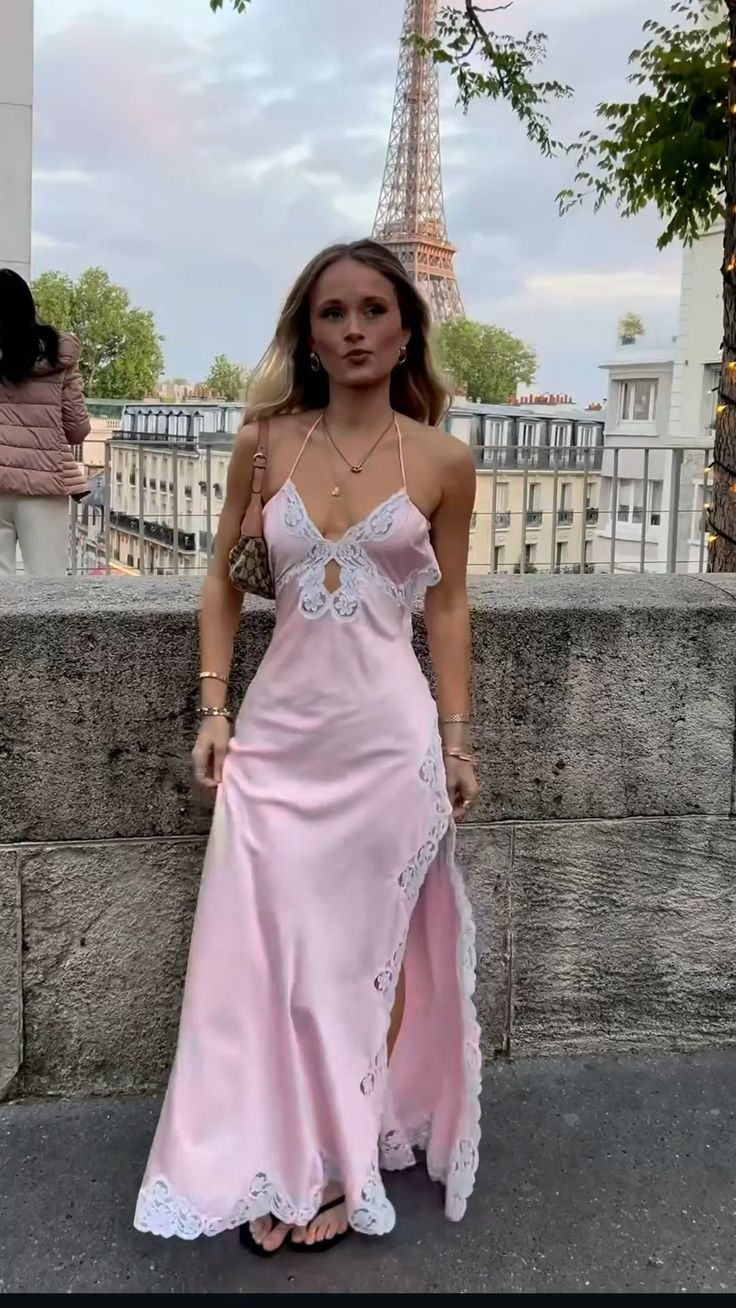 Pretty Pink Spaghetti Straps Satin Lace Slit A Line Long Party Dress Prom Gown SP947