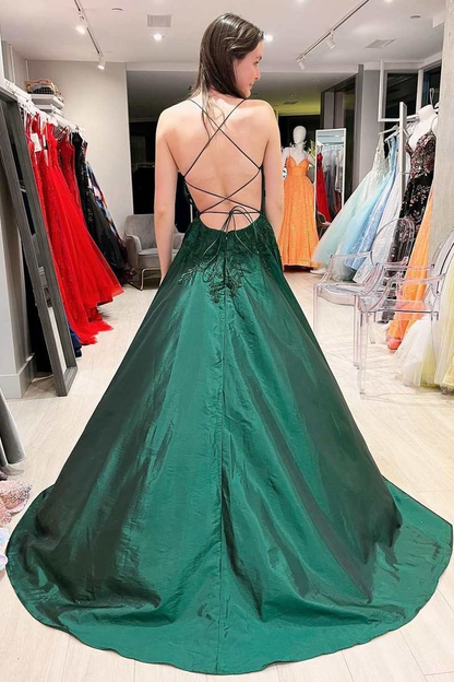 Green Floral Appliques Lace-Up A-Line Prom Dress Y6326