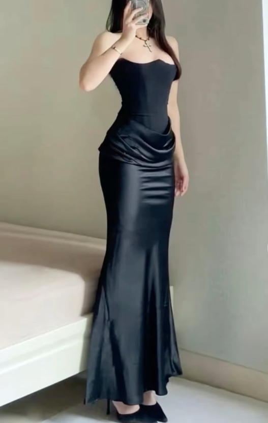 Stylish Strapless Black Satin Mermaid Long Wedding Guest Dress Formal Birthday Party Dress SP1230
