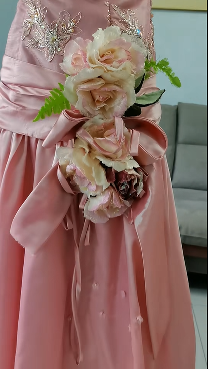 Beautiful Peach Pink Embroidered Floral Satin A Line Long Party Dress Birthday Dress With 3D Flowers SP2329