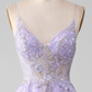Women Sequins Purple Prom Dress with Embroidery A-Line Tulle Spaghetti Straps Party Dress Y7023