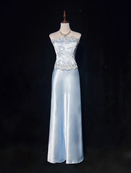 Classy Light Blue Strapless Satin Mermaid Long Wedding Guest Dress Formal Birthday Evening Dress SP1390