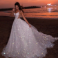 Glitter White Sequin Tulle Prom Evening Dress, A-line Sleeveless Beach Long Wedding Gown Y8011