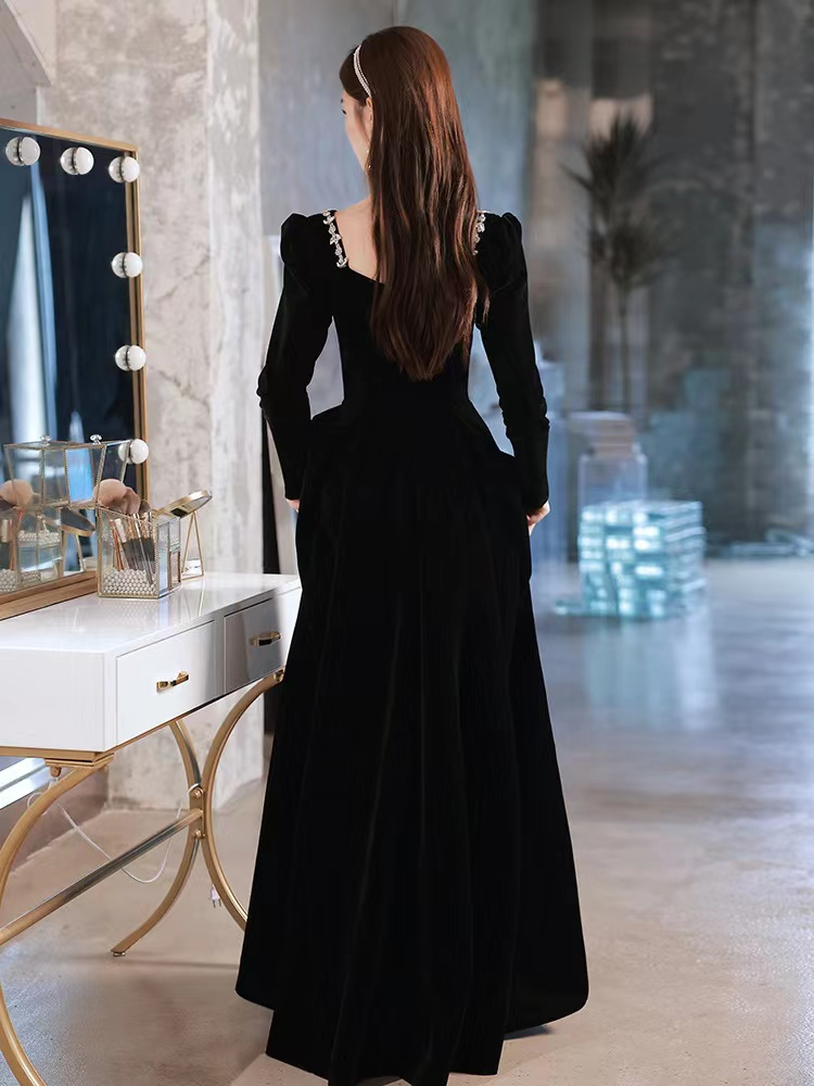 Black evening dress,high sense velvet long sleeve evening dress, custom made Y2934