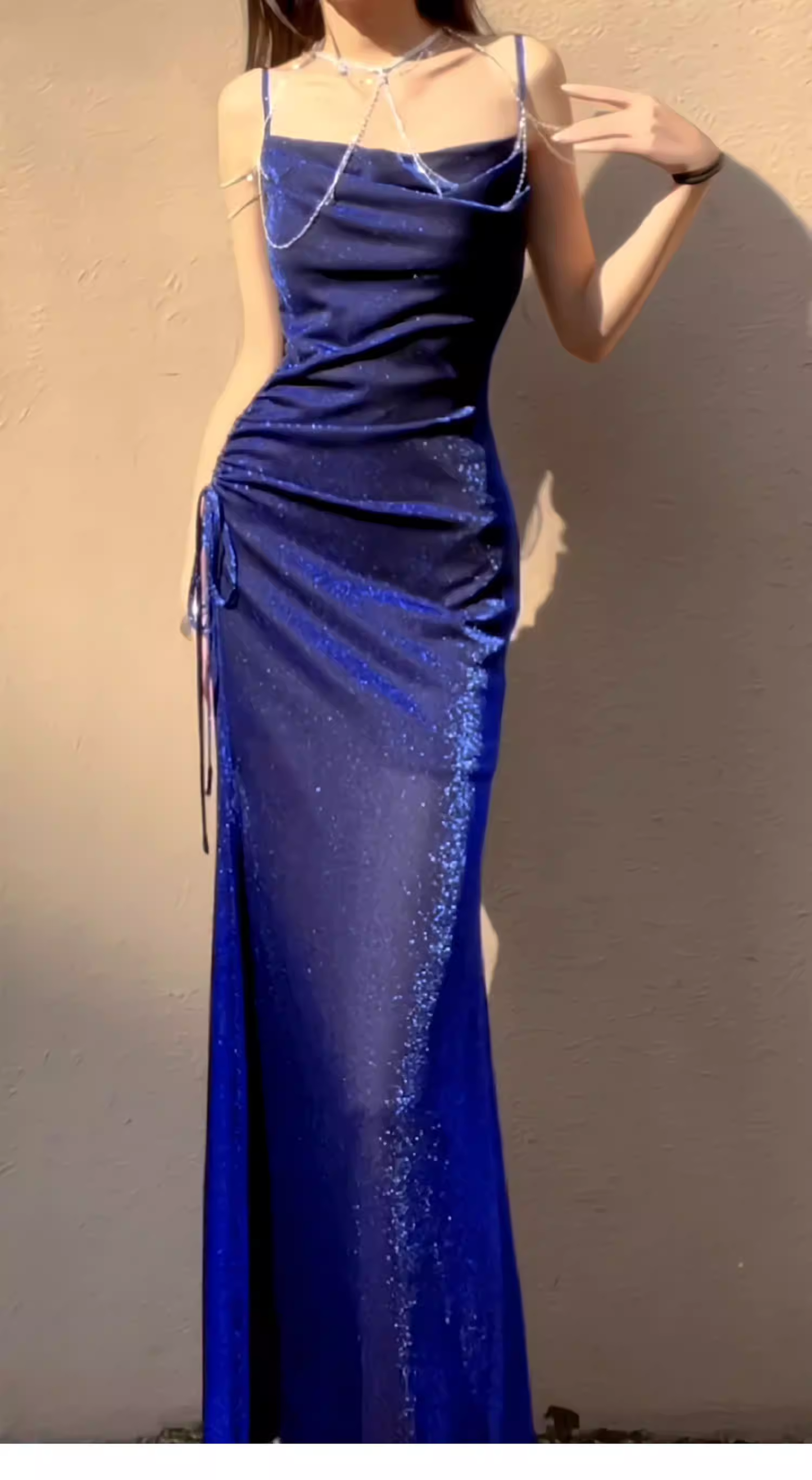 Shiny Spaghetti Straps Royal Blue Tulle Sequin Mermaid Long Party Dress Prom Gowns SP2005