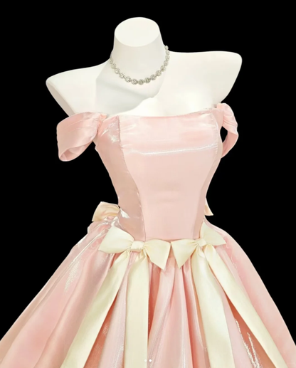 Fairy Off The Shoulder Ball Gown Pink Satin Long Birthday Quinceanera Dress With Bow SP1920