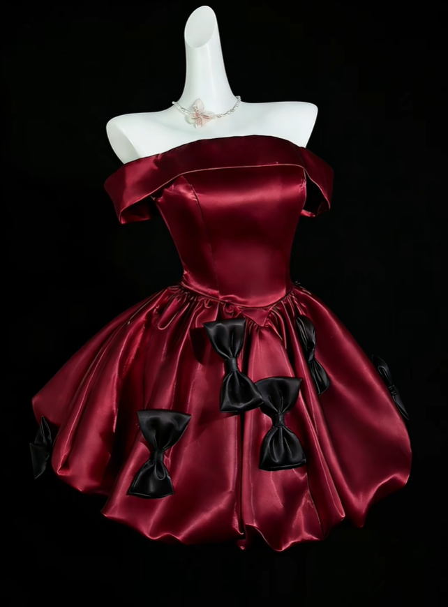 Cute Off The Shoulder Pink Satin Bow A Line Short Homecoming Dress Birthday Dress SP3526