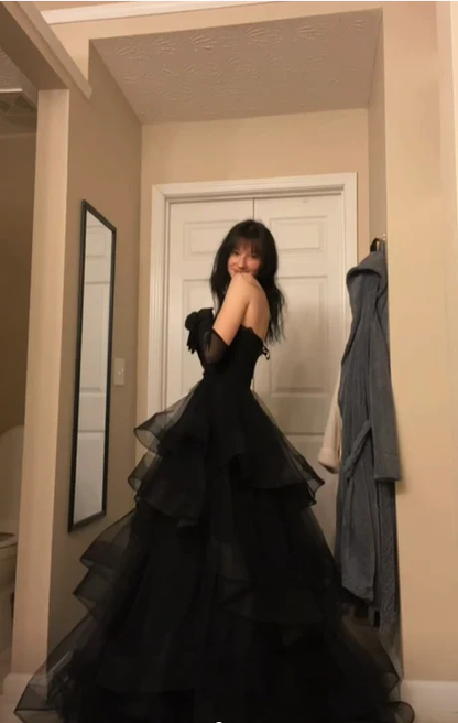 Sweetheart Black Rufflue Long Prom Evening Dress Y1624