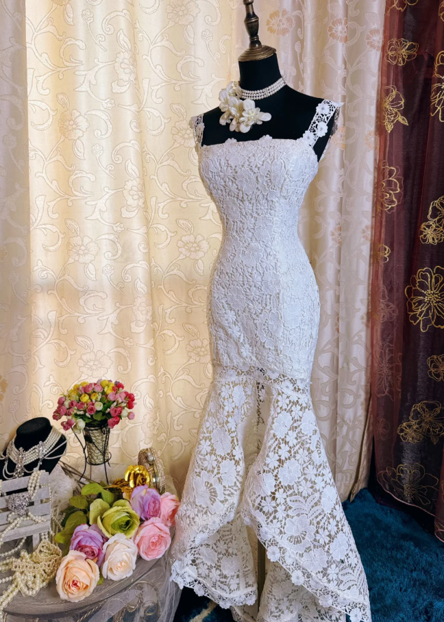 Elegant Spaghetti Straps White Lace Mermaid Long Party Dress Birthday Prom Dress SP1945