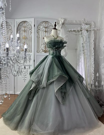 Elegant Strapless Green Tulle Sequin Ball Gown Formal Birthday Quinceanera Dress With Appliques SP1772