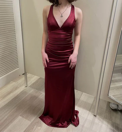 Simple Burgundy V Neck Long Party Dress Formal Prom Dress Y7537