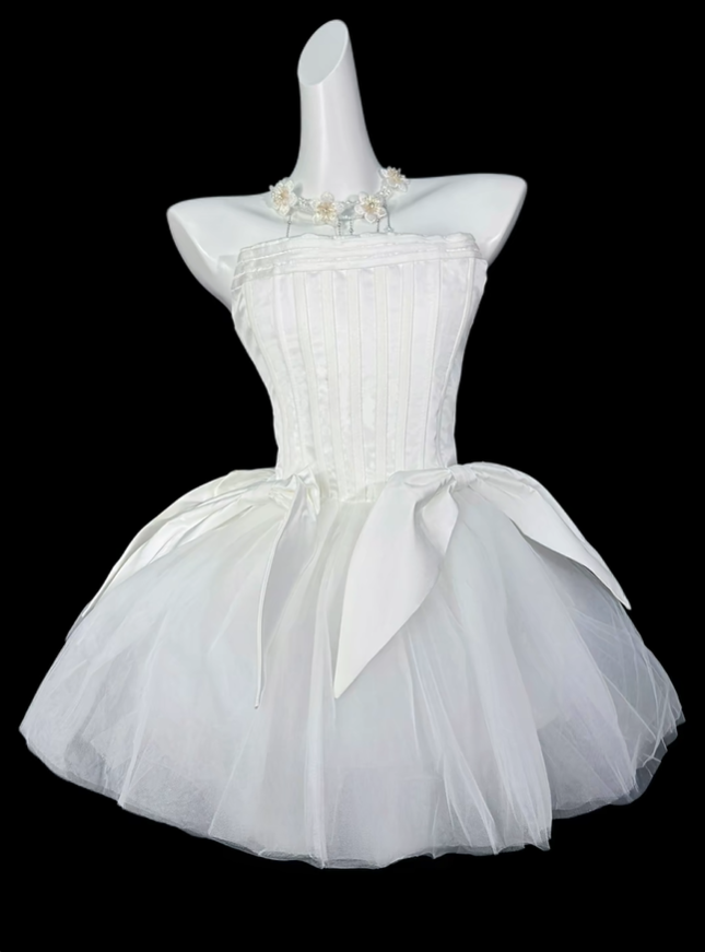 Sweet Pink Satin Tulle Bow A Line Short 7th Grade Homecoming Dress,Strapless Mini Prom Dress SP3527