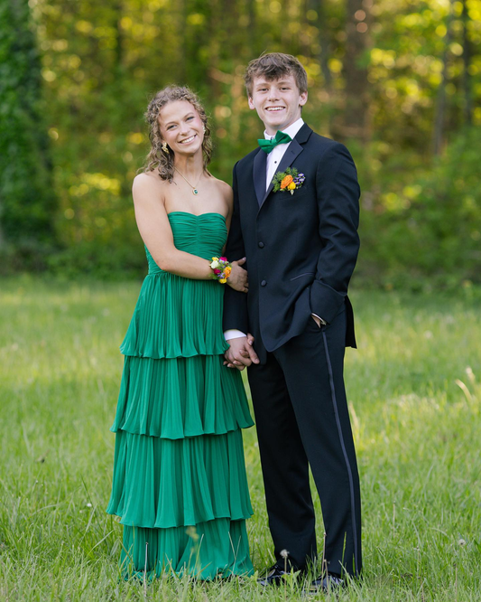 Green Strapless Ruffle Multi-Layer Long Prom Dress Y7373