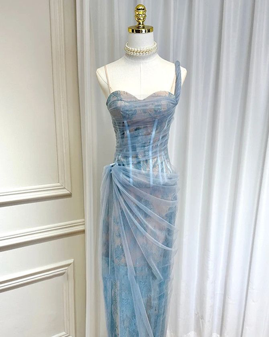 Elegant One Shoulder Lace Corset Long Prom Dress Blue Party Dress Y8774