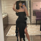 Black Sheath Ruffles Evening Dress Strapless Chiffon Prom Dress Y7765