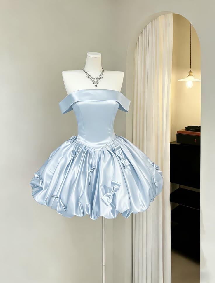 Cute Blue Strapless Satin Bow A Line Short Graduation Homecoming Dress Birthday Outfits Outfits SP2336