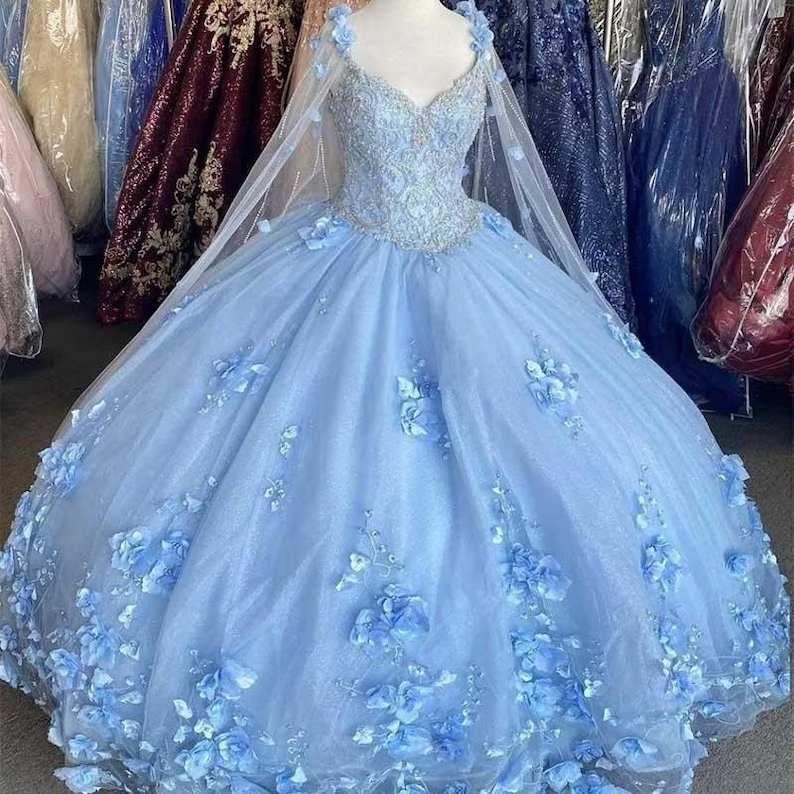 Light Blue Quinceanera Dresses Flowers Ball Gown Off Shoulder Lace Appliques 3d Floral Crystal Beads Long Sleeves Sweet 16 Dress Y759