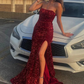 Classic Red Strapless Sequins Prom Dress With Split Y5231