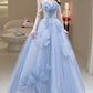 A-Line Blue Tulle Long Prom Dress, Blue Tulle Formal Dress Y6774