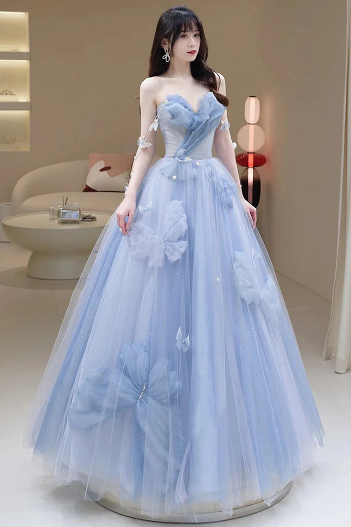A-Line Blue Tulle Long Prom Dress, Blue Tulle Formal Dress Y6774
