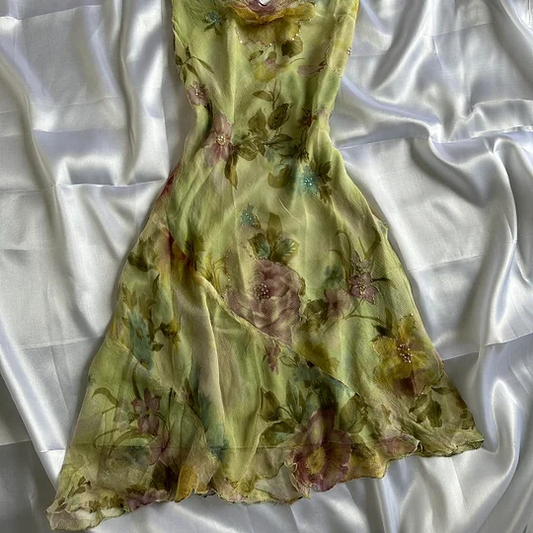 Vintage Chiffon Printed Floral Green Short Homecoming Dress Cocktail Dress Y9747