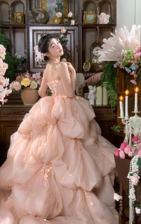 Pretty Pink Strapless Organza Appliques Long  Wedding Dress SP730