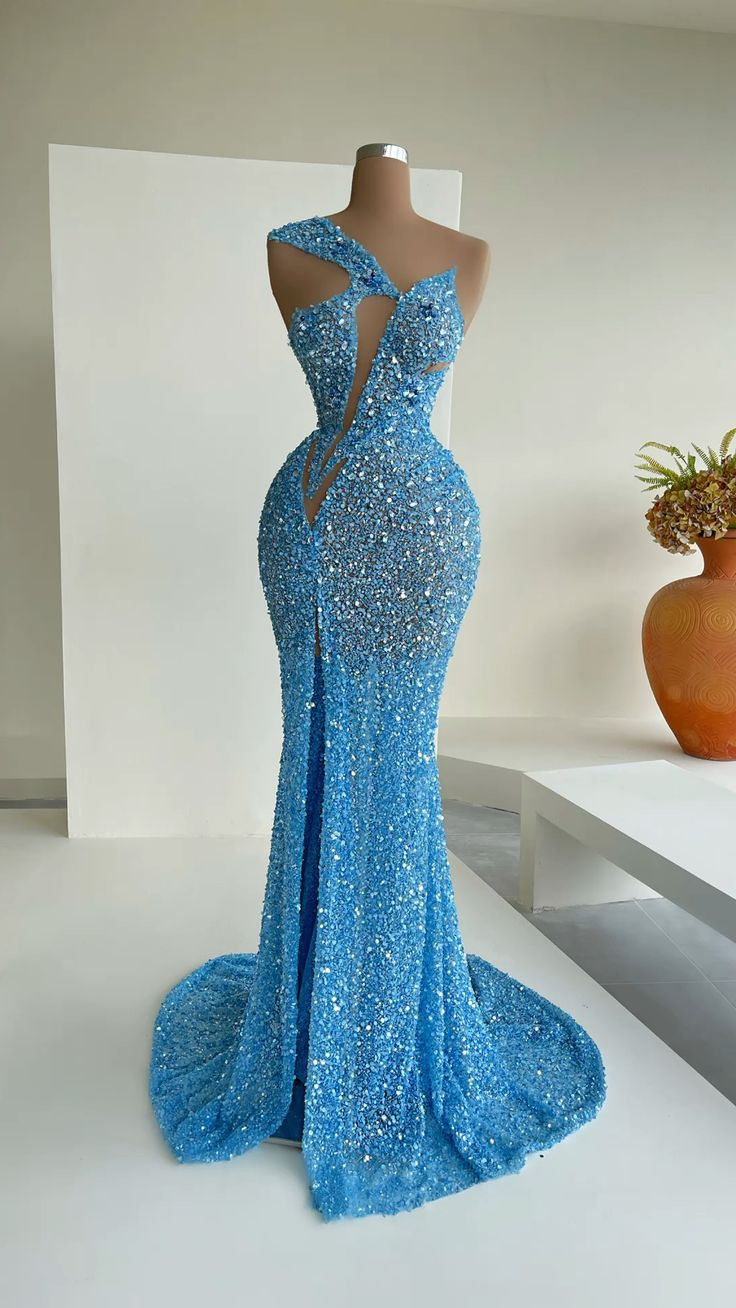 Blue Mermaid Sequins Celebrity Dresses Charming Evening Dress  Y31