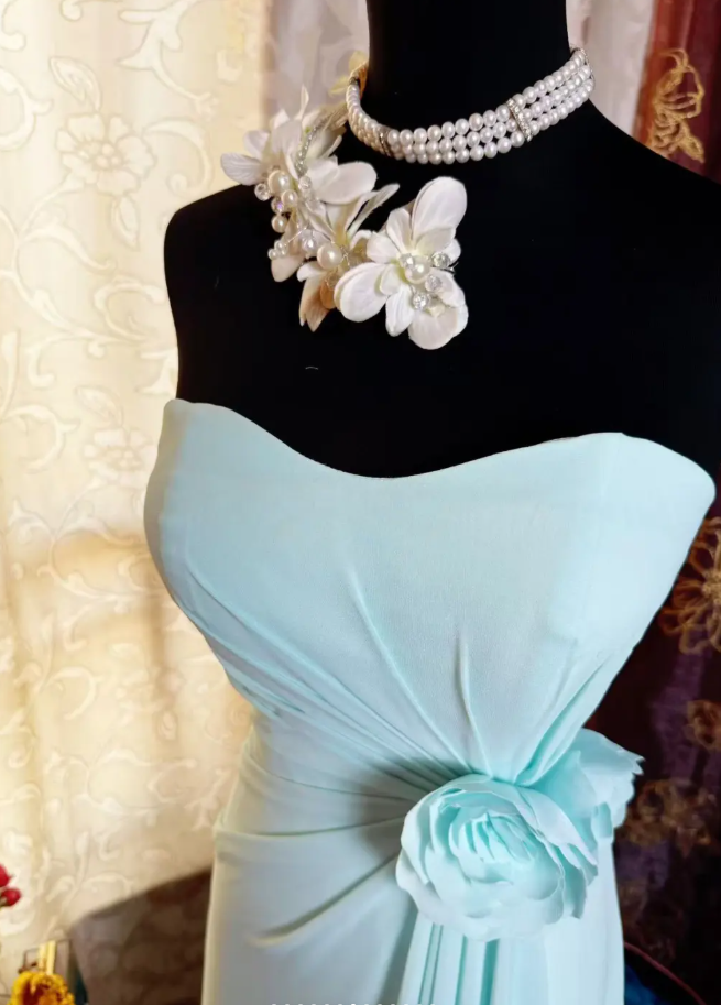 Classy Blue Strapless Chiffon Long Party Dress Birthday Dress With Floral SP1952