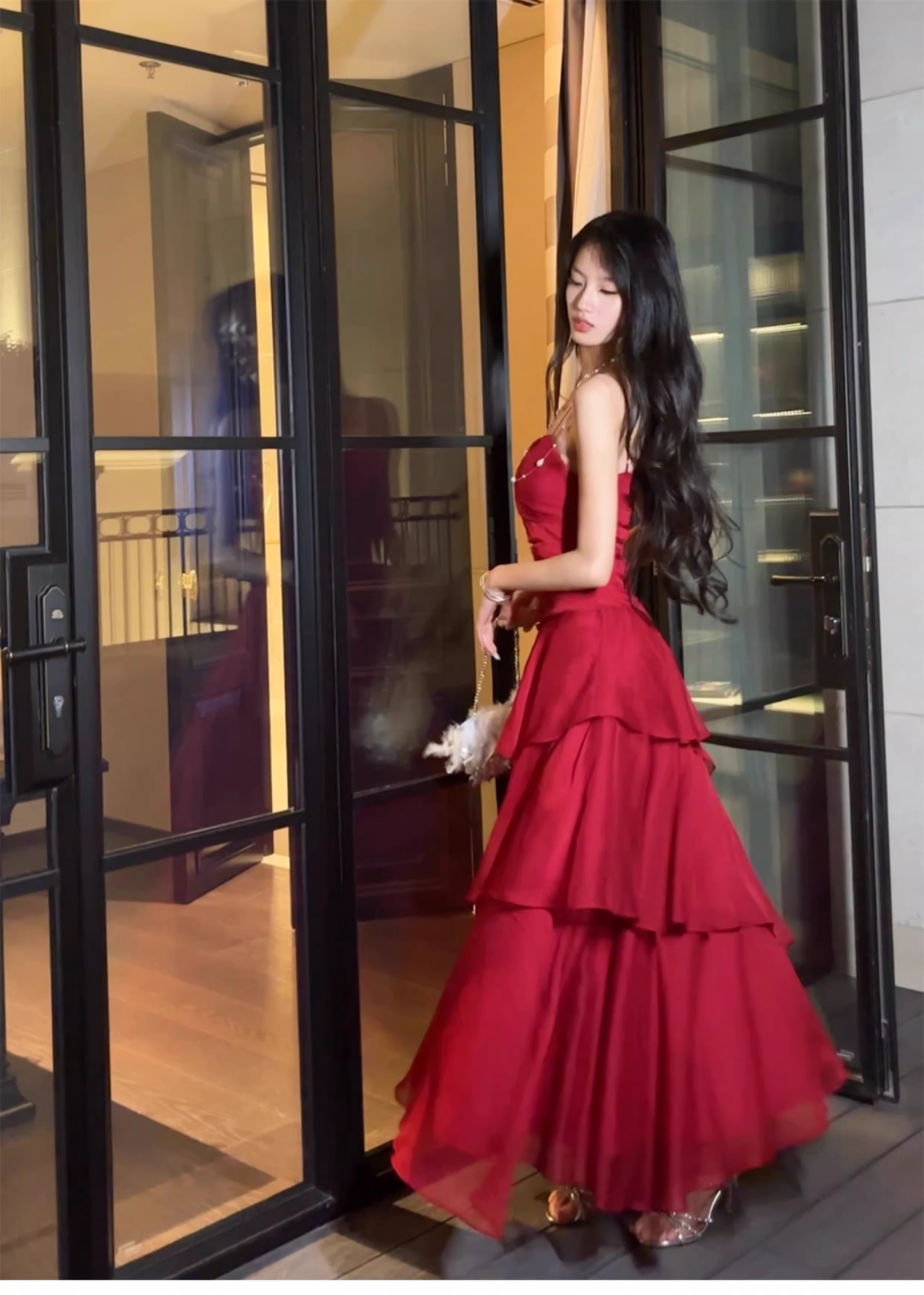 Sexy Spaghetti Straps Red Chiffon Ruffles Mermaid Long Party Dress Formal 20th Birthday Outfits SP1994