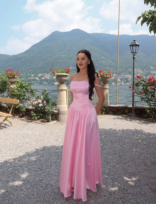 Charming Pink Satin Appliques A Line Long Party Gown,Spaghetti Straps Long Wedding Guest Dress SP2484