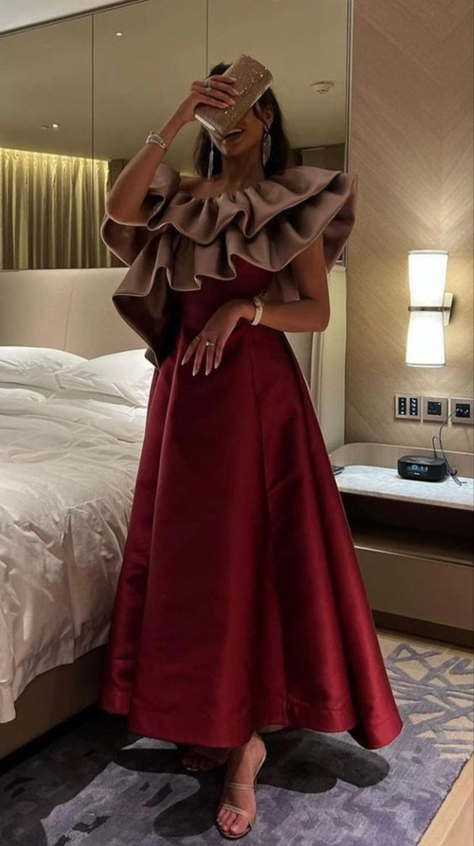 Chic A-line Ruffled Neckline Evening Dress Trendy Party Gown Y5862