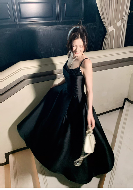 Sexy Black Spaghetti Straps Satin A Line Long Wedding Guest Dress Formal Birthday Prom Dress Party Dress SP1492
