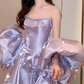Pretty Lilac Satin Appliques Prom Dress, Strapless A-Line Evening Gown Y7903