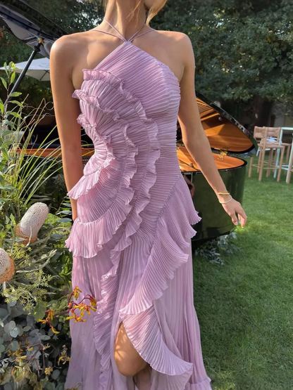Chic Lavender Chiffon Ruched Prom Dress,Sexy Halter Party Evening Gown Y8731