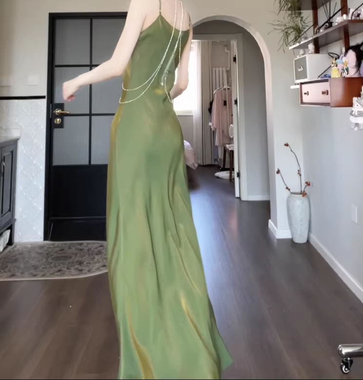 Simple Spaghetti Straps Satin Mermaid Long Wedding Guest Dress Green Birthday Party Gown SP1982