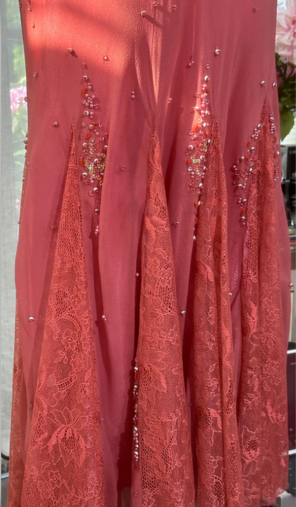 Pretty Peach Pink Spaghetti Straps Chiffon Lace Beaded Mermaid Long Party Dress Prom Gown SP1876