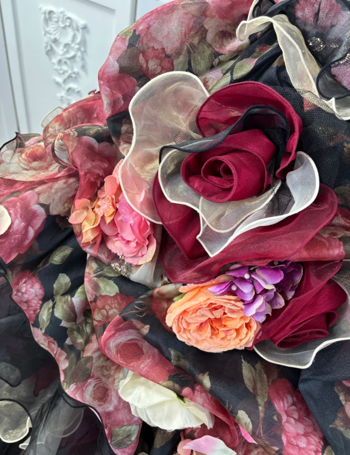 Vintage Strapless Ball Gown Chiffon Rose Floral Ruffle Princess Quinceanera Dress SP1771