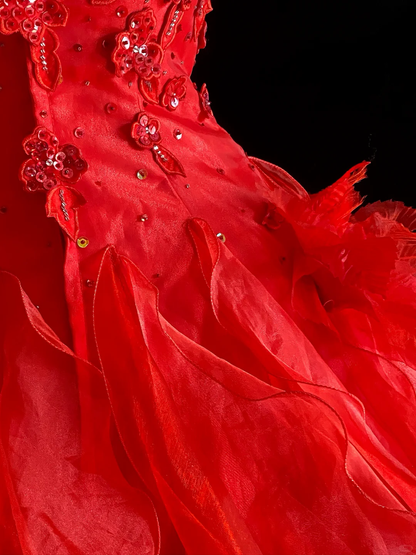 Charming Spaghetti Straps Ball Gown Red Tulle Pleated Sequin Appliques Long Party Dress Prom Gown SP4089