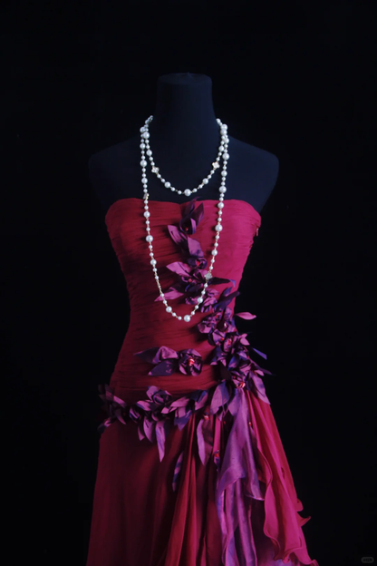 Charming Fuchsia Chiffon Appliques A Line Long Party Dress Strapless Prom Dress SP2152