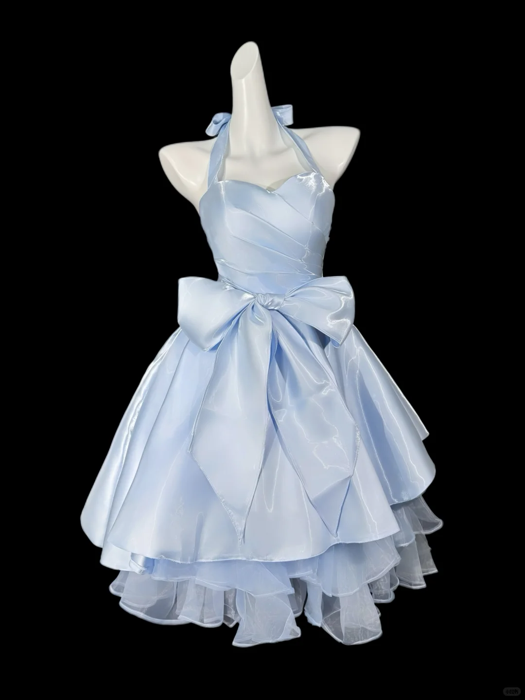 Pretty Blue Halter Satin Tulle Bow A Line Homecoming Dress Short Prom Dress SP3515