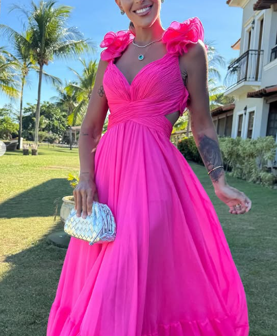 Chiffon A Line Ruffle Prom Dresses for Women V Neck Long Bridesmaid Dresses Backless Formal Evening Gowns  Y3043